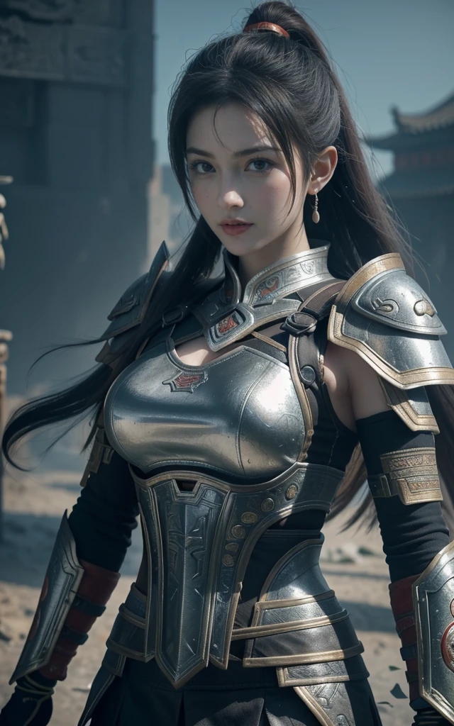 Game Art,Best picture quality,Maximum resolution,8K,(A bust photo),(portrait),(Head close-up),(Rule of Thirds),Unreal Engine 5 rendering works, (Future Girl),(Female Warrior),
,(Ancient Chinese general),Eyes full of details,(Large Breasts),Elegance and nobility,indifferent,brave,
(Wearing ancient Chinese style armor,Tang Dynasty armor,The costumes are rich in detail,Metallic luster,Silver gray),Chinese characters,Fantasy style,
Photo poses,(Complex battlefield background),Movie Lighting,Ray Tracing,Game CG,((3D Unreal Engine)),OC rendering reflection mode