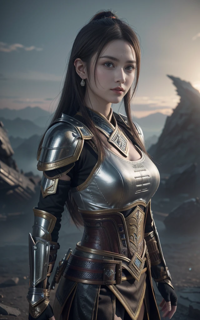Game Art,Best picture quality,Maximum resolution,8K,(A bust photo),(portrait),(Head close-up),(Rule of Thirds),Unreal Engine 5 rendering works, (Future Girl),(Female Warrior),
15-year-old girl,(Ancient Chinese general),Eyes full of details,(Large Breasts),Elegance and nobility,indifferent,brave,
(Wearing ancient Chinese style armor,Tang Dynasty armor,The costumes are rich in detail,Metallic luster,Silver gray),Chinese characters,Fantasy style,
Photo poses,(Complex battlefield background),Movie Lighting,Ray Tracing,Game CG,((3D Unreal Engine)),OC rendering reflection mode