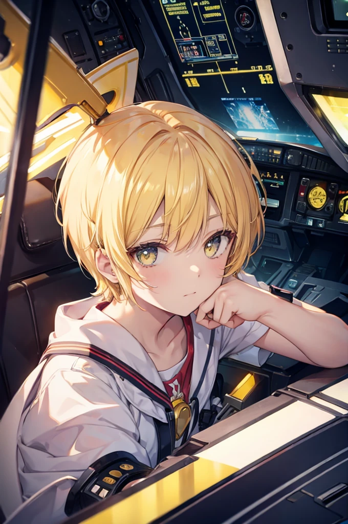(((yellow magical girl))), solo, blond, (((short cut))), breast, (((cockpit))), device, angry, sit