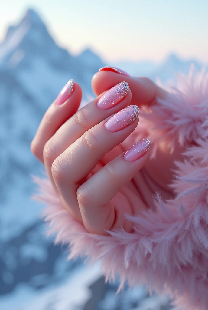 Beautiful and elegant pink nails with some discreet glitter and a background of blue mountains 