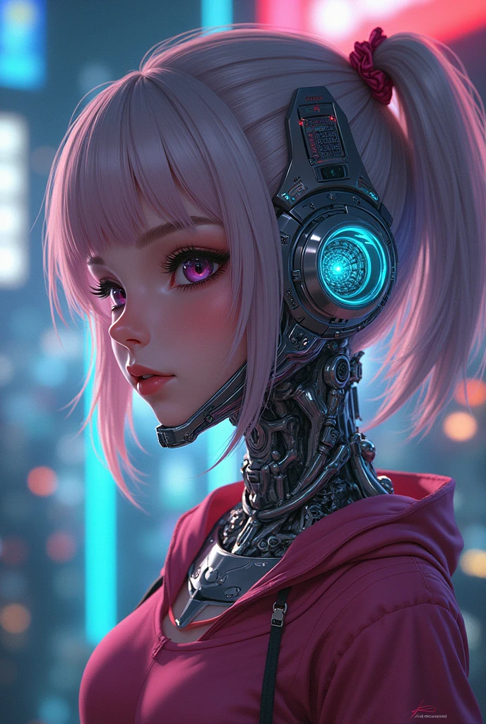 anime girl wearing a robot type metallic collar