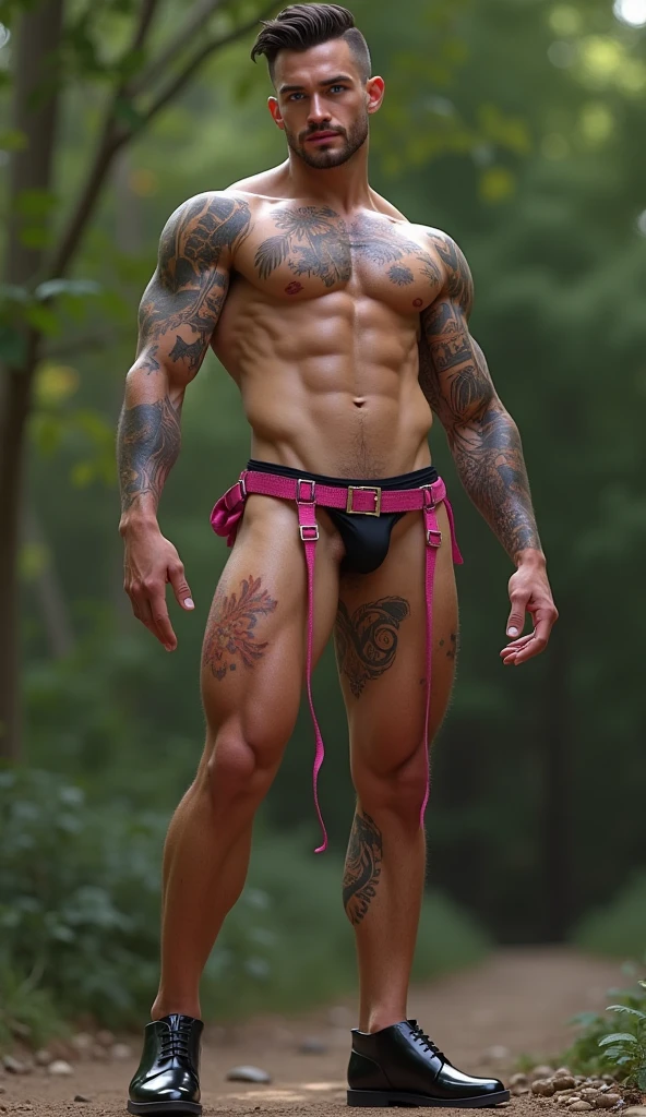 Fullbody standing picture of white skin Handsome muscular horny nude sexy gay boy wearing sexy pink harness, shiny black Brushed-back Scissor Crop hair style, blue eyes, shiny black latex vans, red lip, chain, tattoos, horny, cum shot, sperm, milking penis, big penis, very big testicle, shiny oiled skin, orgasm, oversexed, standing at out door.