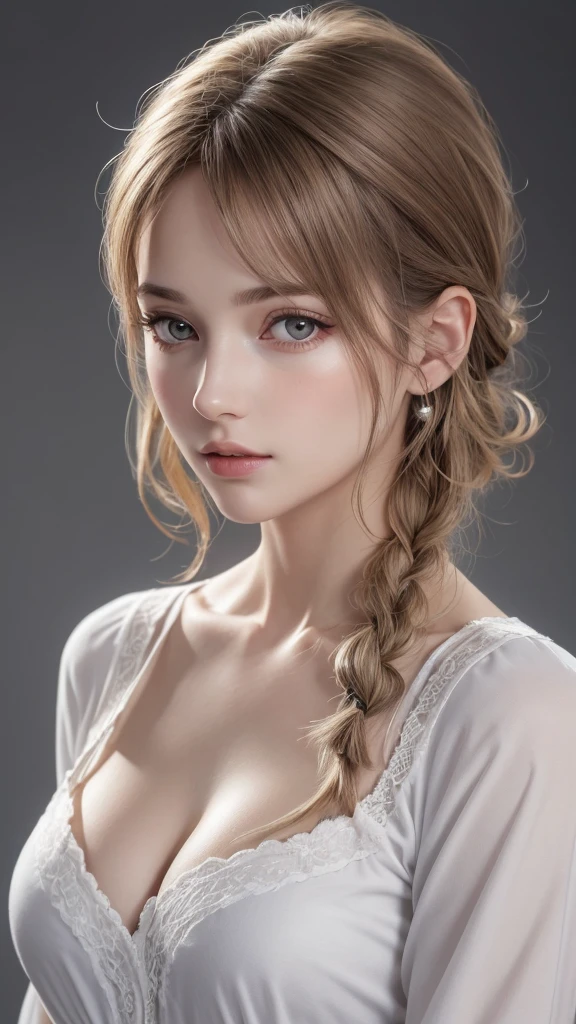 ((Medium chest, )), (smooth belly : 1.1), (perfectionなボディ : 1.1), (Very detailed CG 8k wallpaper), (Very sophisticated), (masterpiece), (Highest quality:1.0), Delicate skin, Very detailed、(photograph:1.2)、(Realistic:1.3)、(masterpiece:1.3)、(Best image quality:1.4)、超High resolution、(Detailed eyes)、(Detailed facial features)、(Detailed clothing features)、8k resolution、Focus Only、26 year old mature woman、Small face、No makeup、Beautiful eyes with attention to detail、bangs、Blonde、Long Cut Hair, Braided hair、(Realistic Skin)、Beautiful Skin、Charm、超High resolution、Ultra-realistic、High resolution、Open white shirt,middle aged、Large Breasts、Bust F cup、Large Breasts、Cool Beauty、Gray background、Cinema Lighting、perfection、Soft Light、High resolutionスキン:1.2、Realistic Skin texture、26 year old、Small face、No makeup、Bust F cup、Beautiful brown eyes in every detail、short hair、Dark brown hair、Cool Beauty、Gray background、Ultra-realisticな全身像、Exposed cleavage , lure