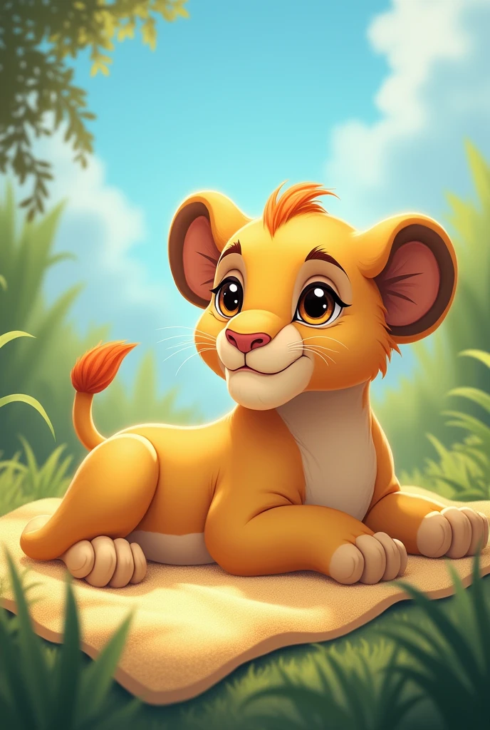 Bébé lionne femelle qui bronze allongé au soleil sur une serviette