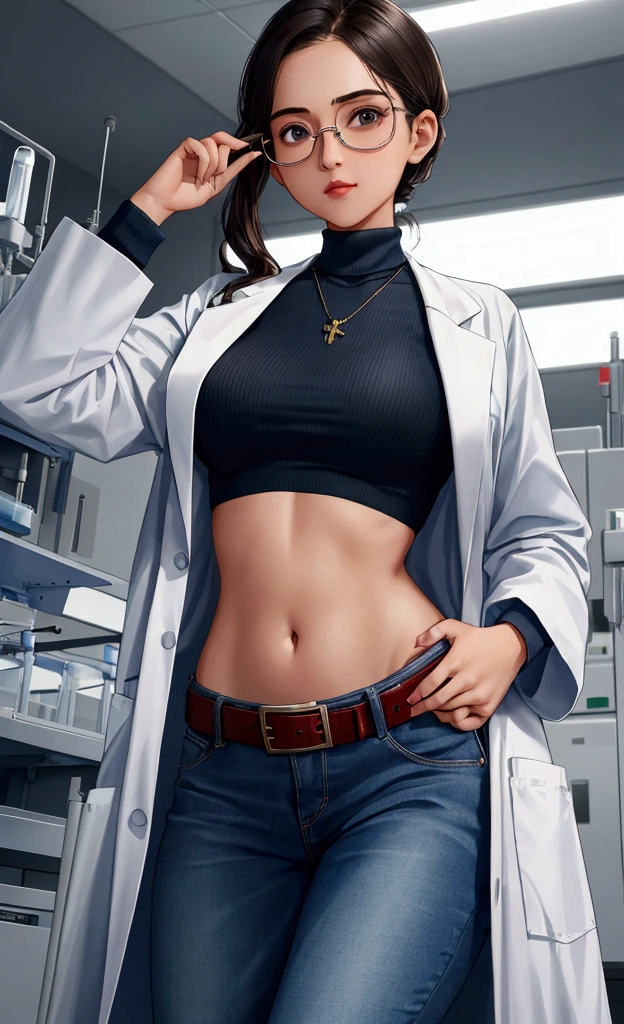 Girl in Laboratory, Turtle-neck, lab coat, showing navel, belt, Exposing the abdomen below the navel, well-dressed, glasses, blue jean, laboratory
