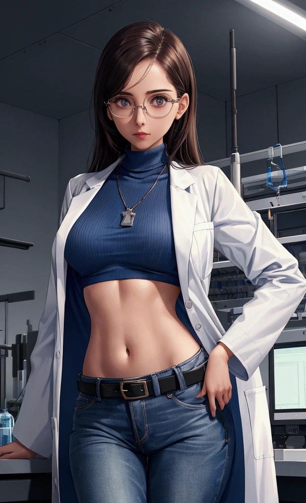 Girl in Laboratory, Turtle-neck, lab coat, showing navel, belt, Exposing the abdomen below the navel, well-dressed, glasses, blue jean, laboratory