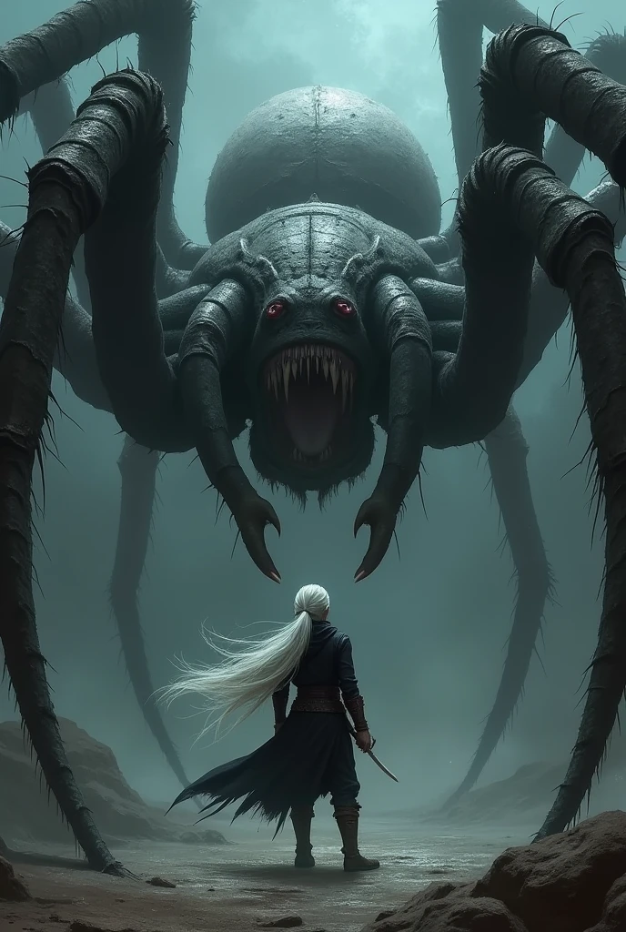 A young man demon hunter in black clothes, with long white hair and a braid, is standing and fighting a giant spider monster.
