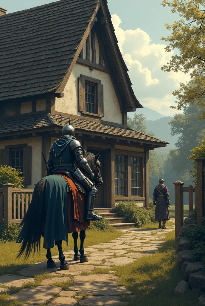 The knight gets off his horse and approaches the house. He is now in a calmer posture, but still carries an aura of threat. The narrator observes closely, with an expression of growing concern.
  The knight keeps his armor and weapons, but his stance is less aggressive. The narrator is near the entrance of the house, trying to hide his nervousness as he watches the knight approach.