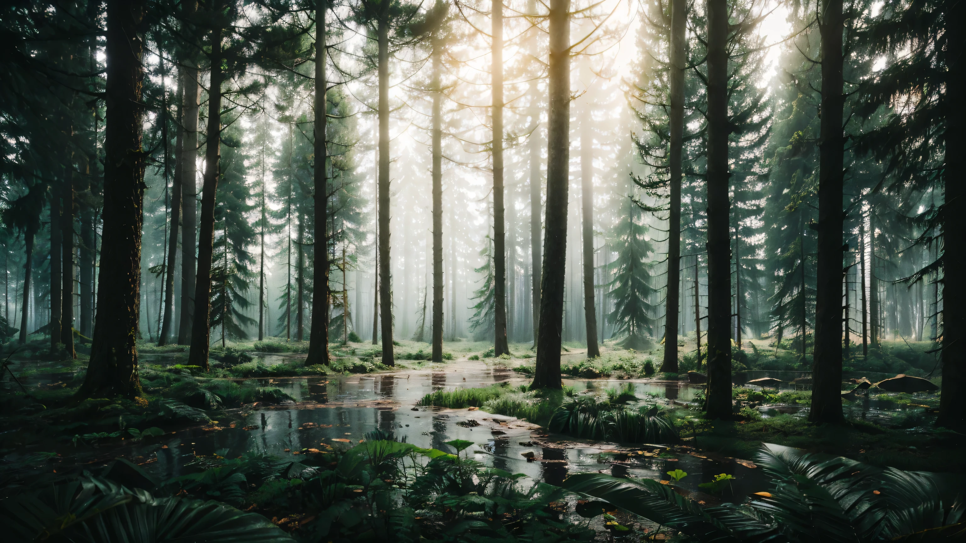 In A Forest, Many Tress, After Rain, Vignette, Sharpness, Realistic, Dew, 8k, Ultra Realistic, Ultrawide Results, Dark Forest, Very detailed Realistic