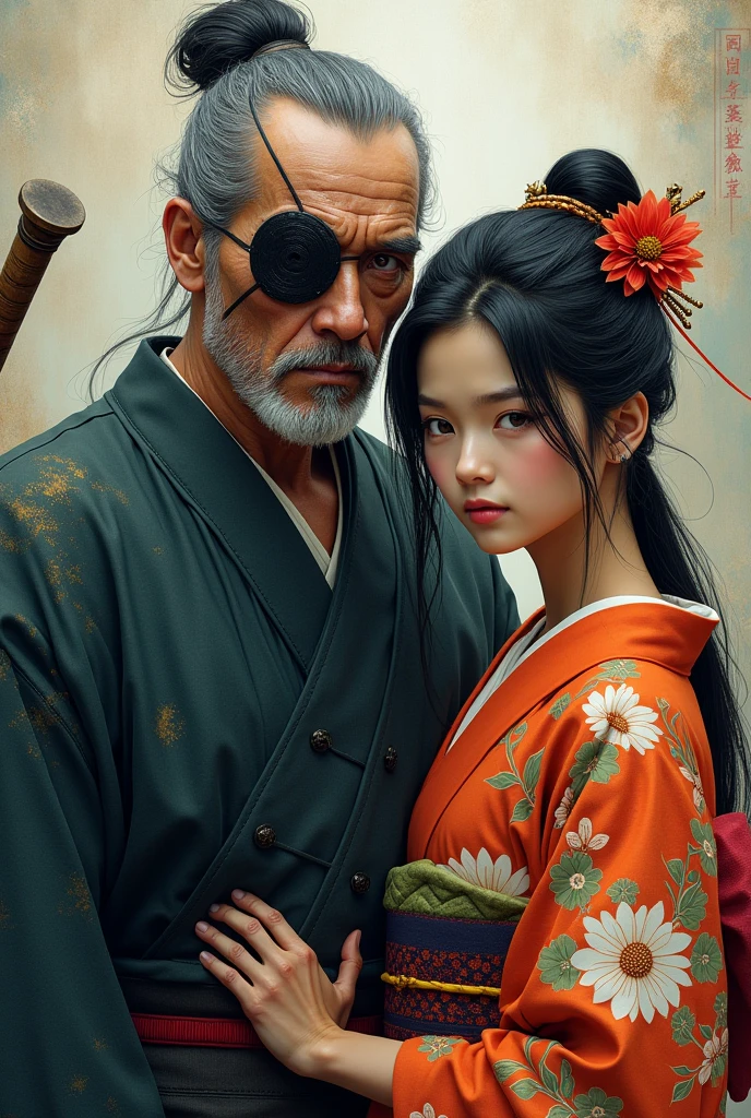 He is a cool old man wearing an eyepatch.。I am wearing a kimono
