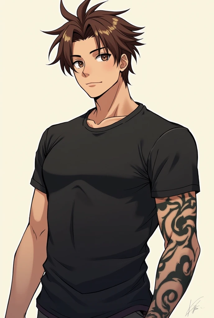 Male anime style image with brown hair and eyes, black t-shirt and tattoo only on the left arm