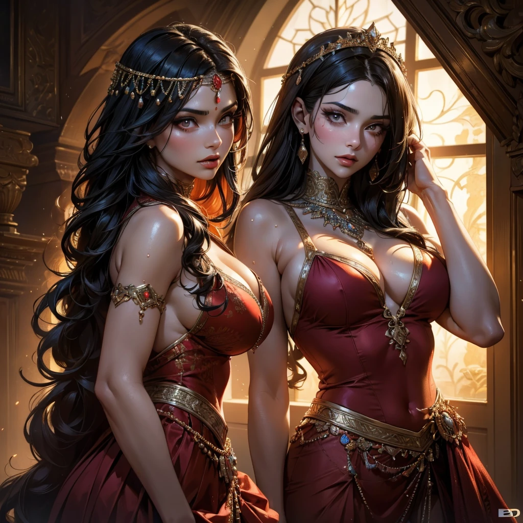 Single beautiful Persian princess, wearing a fitted wet red sharara, long wavy black hair, visible sweat dripping from armpits, fully body covered in glistening sweat, big breasts, white skin, backside visible with detailed facial features, beautiful eyes and lips, fully body visible, extremely detailed face, long eyelashes, portrait, (best quality,4k,8k,highres,masterpiece:1.2),ultra-detailed,(realistic,photorealistic,photo-realistic:1.37),dramatic lighting, warm color tones, vibrant colors