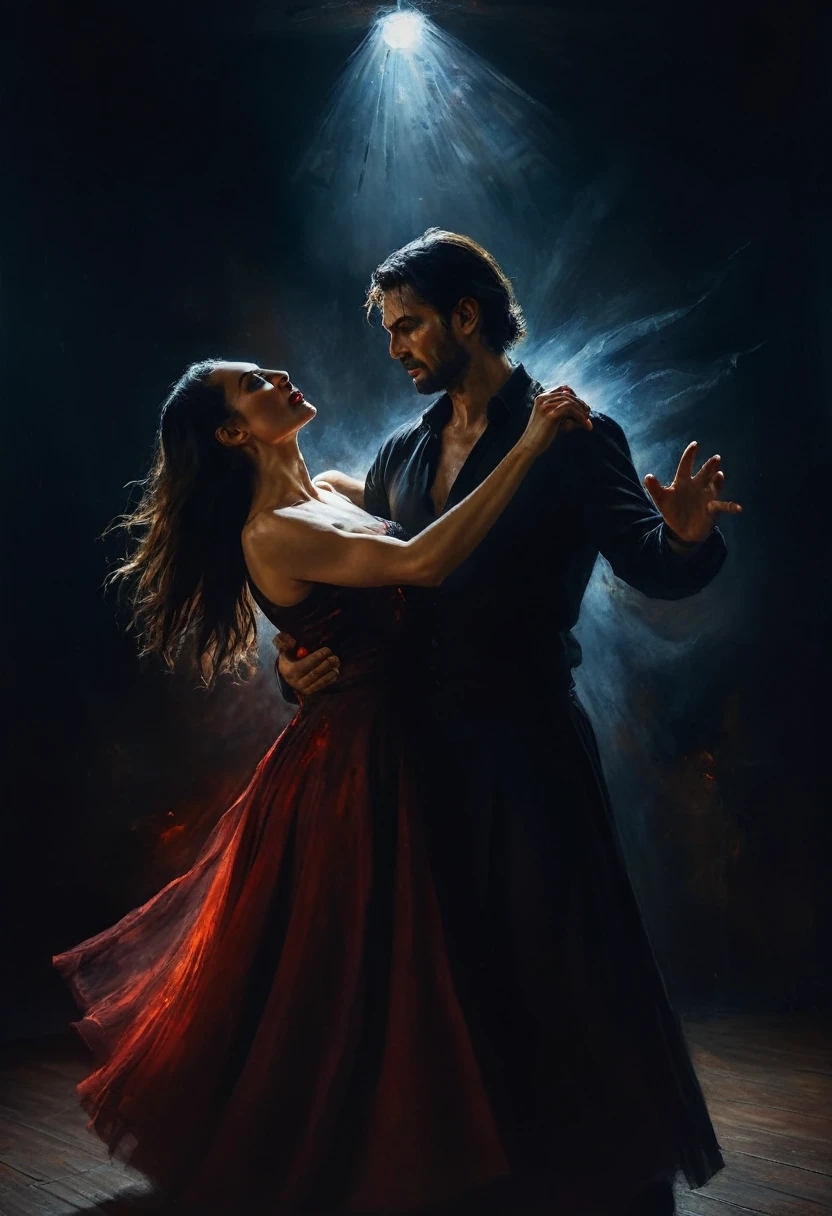 painting of a man and woman dancing in a dark room demonic expressive dance, magic, sorcery, dynamic poses, dark atmosphere, cinematic scene, volumetric lights, ultra realistic, in the style of nicola samori