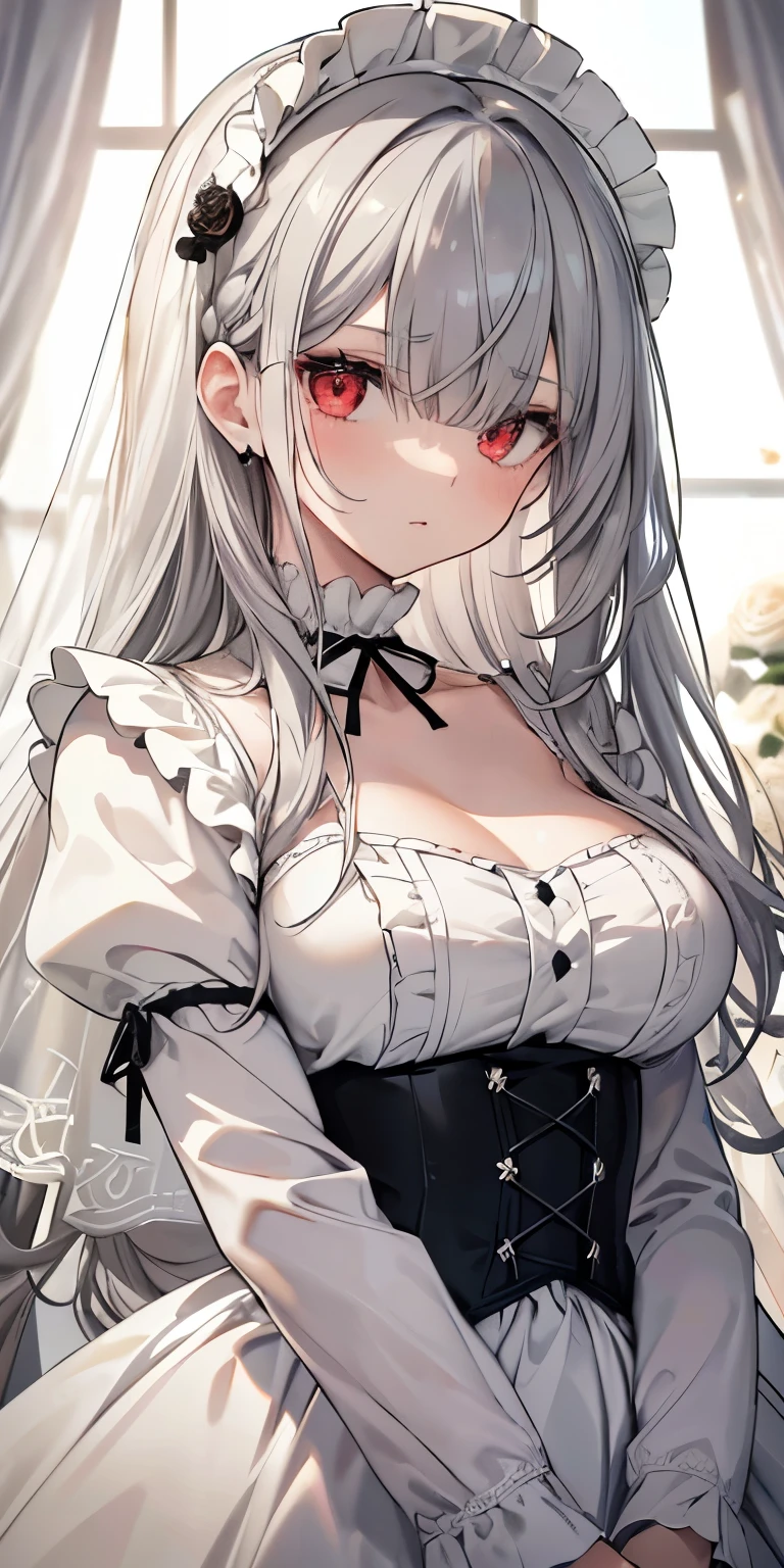 (Limited edition palette), Highest quality, (((masterpiece))), (((Beautiful detailed hair))), (((Beautifully detailed skin))), alone, , young, change, (((Gray Hair))), Red eyes, (mascara), Blunt bangs, ((Hair above the eyes)), Long Hair, Big Breasts, Ruffled White Dresses, White frills, Too much decoration, Rose, Noble, loyal, Bride&#39;s Hair, (((Eye focus))), (((Expressionless))), The background is blurred, Hollow Eyes, Hollow Eyes, (Red Theme), Bedroom Background, Displaying the viewer, (((Tie your hair up))), (((night))), Half-closed eyes, close, (((hair ornaments))), Upright body, Neatly cut bangs, Hair braided at the back of the head, Sleeveless dress,