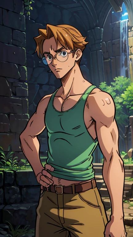 (1man, milo_thatch), (extremely detailed CG unit 8k wallpaper),(master part), (best quality), (ultra detail), (best illustration),(One Piece Style), cowboy shot, (Sharp eyeliner, ombre, detailed eyes:1), Atlantis ruins background, break , upper body, glasses , green tank top, brown pant