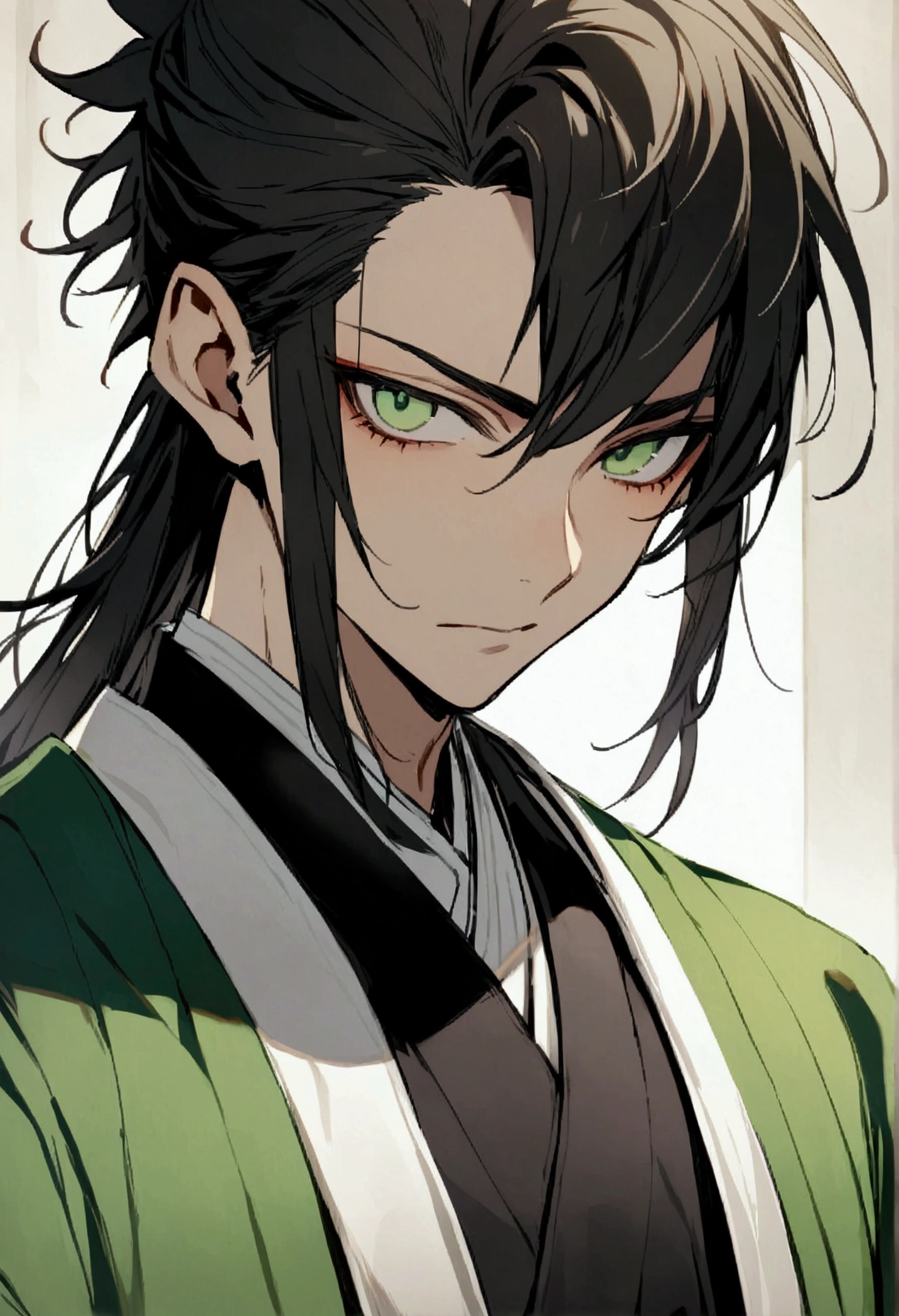 Boy belonging to the black-haired Demon Slayer hashiras,light green eyes,with a green haori