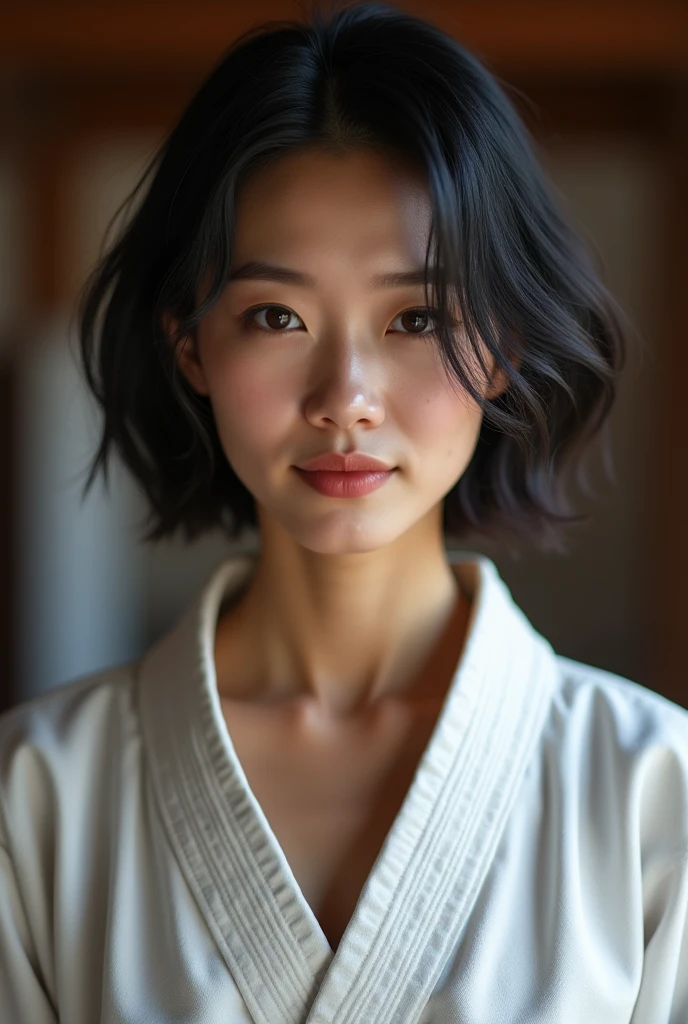 ((highest quality, 8k, masterpiece: 1.3)), sharp focus: 1.2, Beautiful woman with muscular body: 1.4, tall woman, arms are hanging down, slim belly: 1.2, ((big: 1.2)), wet body: 1.1, very detailed face and skin texture, fine eyes, double eyelid, sunburned skin, sunburned, sweaty skin, 1 girl, short bob, layered hair, Short and cute hairstyles, intricate details, movie-like atmosphere, 8k, very detailed, (realistic, photorealistic: 1.37), Super detailed, highest quality, realistic, very delicate and beautiful, RAW photo, (((professional lighting)), face lighting, written boundary depth, single focus,(((judo))),((Black belt)) (Muscular and healthy), small head, (((beautiful eyes)), real face, realistic face, real face, fine eyes, (fashionable hairstyle: 1.3), viewer, (cool japanese women)), intellectual, sports, (smile: 1.15), (closed mouth), Fine and beautiful eyes, (dojo: 1.3), judo player, healthy body、((big breasts))、((cleavage))