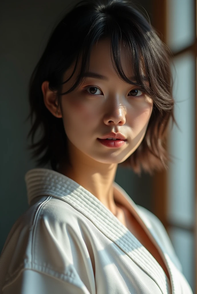 ((highest quality, 8k, masterpiece: 1.3)), sharp focus: 1.2, Beautiful woman with muscular body: 1.4, tall woman, arms are hanging down, slim belly: 1.2, ((big: 1.2)), wet body: 1.1, very detailed face and skin texture, fine eyes, double eyelid, sunburned skin, sunburned, sweaty skin, 1 girl, short bob, layered hair, Short and cute hairstyles, intricate details, movie-like atmosphere, 8k, very detailed, (realistic, photorealistic: 1.37), Super detailed, highest quality, realistic, very delicate and beautiful, RAW photo, (((professional lighting)), face lighting, written boundary depth, single focus,(((judo))),((Black belt)) (Muscular and healthy), small head, (((beautiful eyes)), real face, realistic face, real face, fine eyes, (fashionable hairstyle: 1.3), viewer, (cool japanese women)), intellectual, sports, (smile: 1.15), (closed mouth), Fine and beautiful eyes, (dojo: 1.3), judo player, healthy body、((big breasts))、((cleavage))
