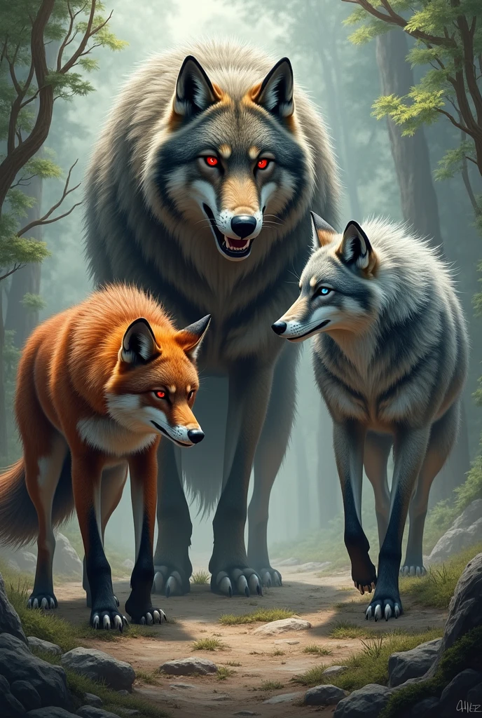 A large wolf next to a large fox with piercing red eyes and next to them a gray she-wolf with piercing blue eyes..