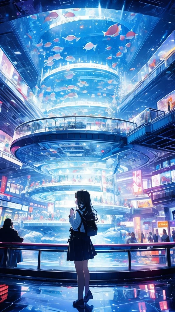 Beautiful aquarium with fish swimming in a giant glass tank,
A fantastic aquarium with sparkling lights,Dynamic and beautiful shadows,
A breathtakingly beautiful sight,Beautiful girl gazing at fish in front of an aquarium、Girl、
(Highest quality:0.8),(Highest quality:0.8),Tabletop, Perfect anime illustration、