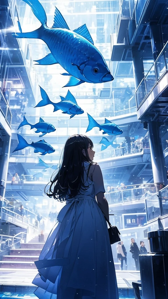 Beautiful aquarium with fish swimming in a giant glass tank,
A fantastic aquarium with sparkling lights,Dynamic and beautiful shadows,
A breathtakingly beautiful sight,Beautiful girl gazing at fish in front of an aquarium、Girl、
(Highest quality:0.8),(Highest quality:0.8),Tabletop, Perfect anime illustration、