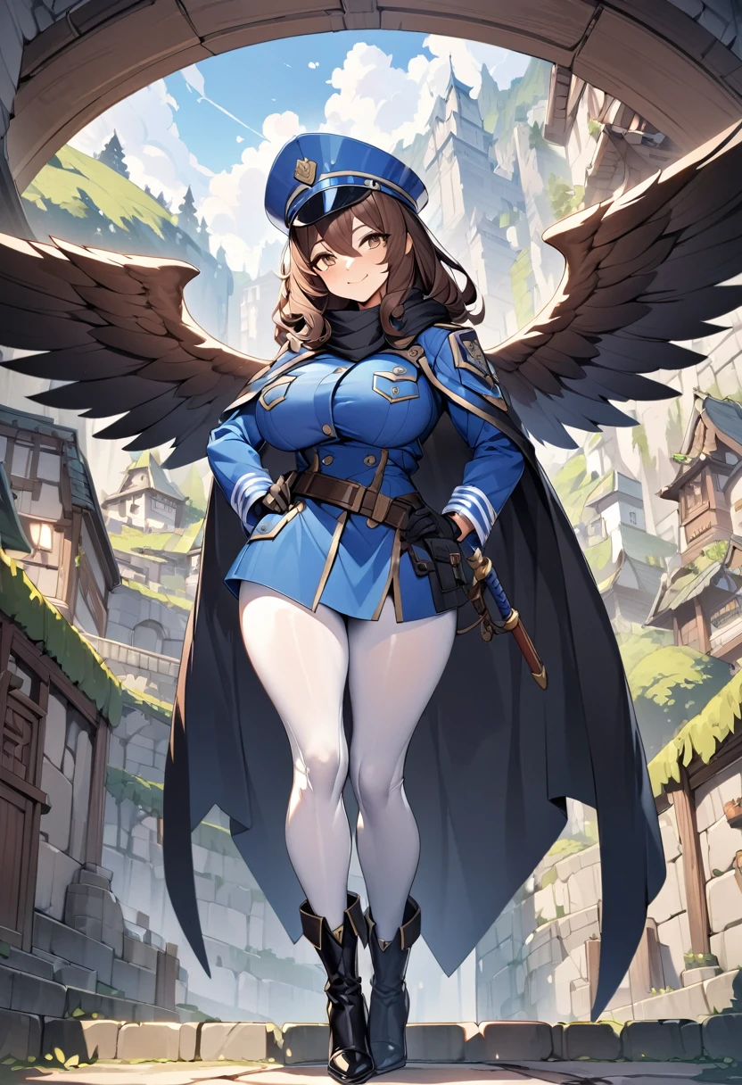 An adventurer guild officer girl, sexy body, big breasts, big hip, ((blue officer outfit, black scarf, blue necktie, blue officer cap with wings accessory, short cape, white leggings, black leather gloves, leather high heels boots, leather belts and pockets, sword on hips)), (dark brown long wavy hairstyle: 1), brown eyes, smiling, (cute expression: 1), beautiful face, detailed face, very detailed, beautiful eyes, high quality, detailed background, high resolution, 8k resolution, ultra high detail, beautiful skin, perfect body, perfect anatomy, adventurer guild background,
