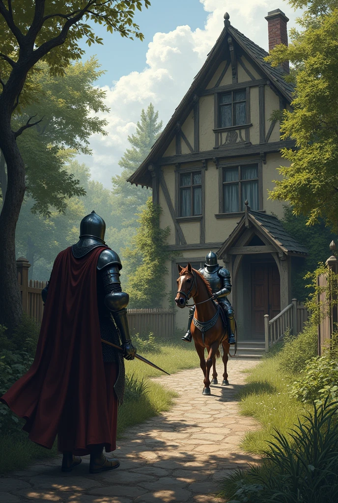 The knight gets off his horse and approaches the house. He is now in a calmer posture, but still carries an aura of threat. The narrator observes closely, with an expression of growing concern.
The knight keeps his armor and weapons, but his stance is less aggressive. The narrator is near the entrance of the house, trying to hide his nervousness as he watches the knight approach.