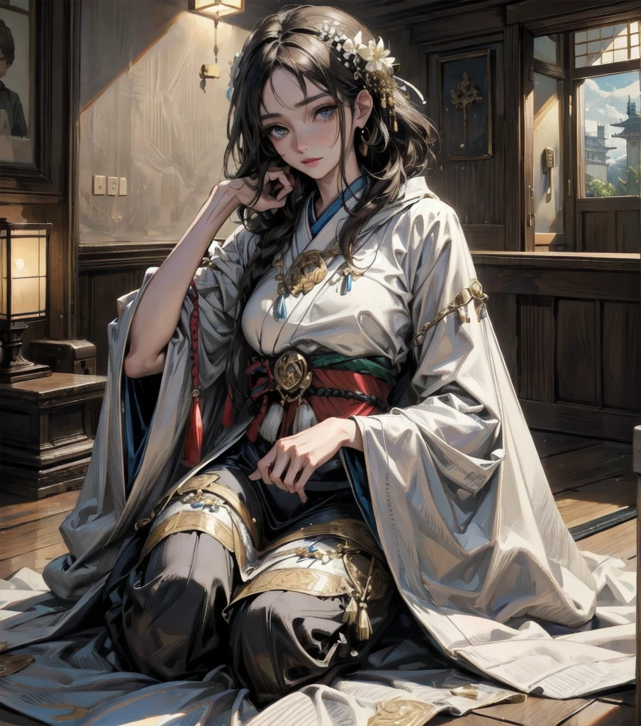 (extremely detailed 8K wallpaper),(ultra-detailed),(best quality),(masterpiece),(highly detailed),(cinematic lighting),(Original),Cold ligh，moody,(Chinese elaborate-style painting ),ink style，1boy,long black hair，((Boy who looks like a girl))，White clothes，((Poker face))，（White knee socks）