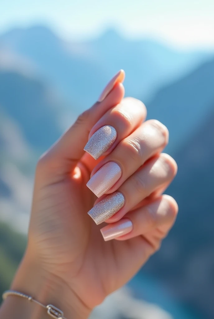 Beautiful and elegant champagne-colored nails with some discreet glitter and a background of blue mountains 