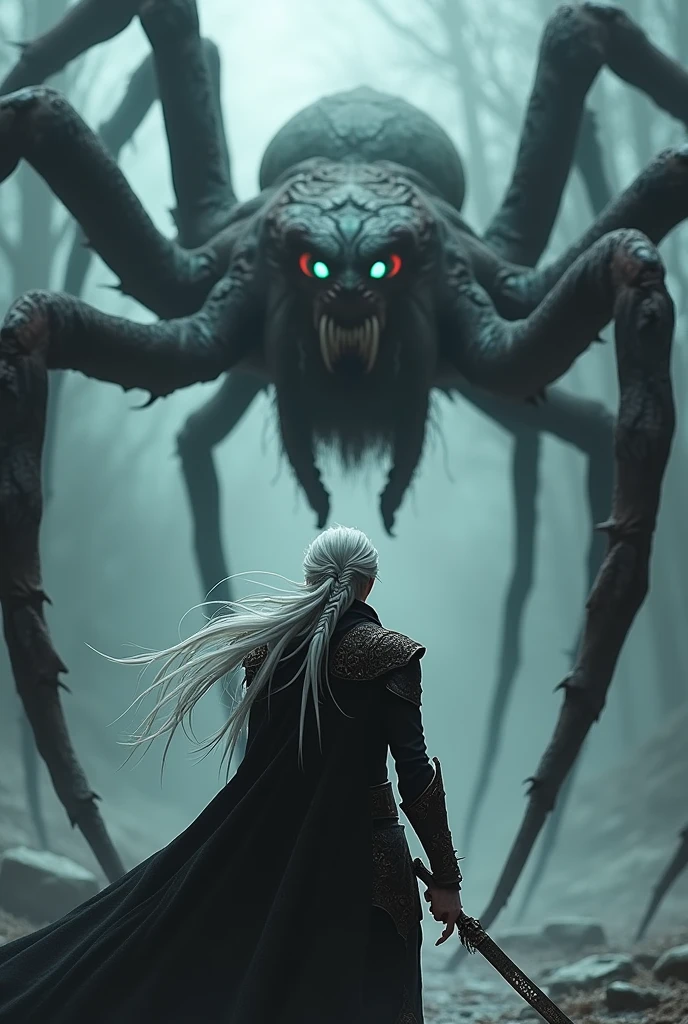 A young man demon hunter in black clothes, with long white hair and a braid, is standing and fighting a giant spider monster.