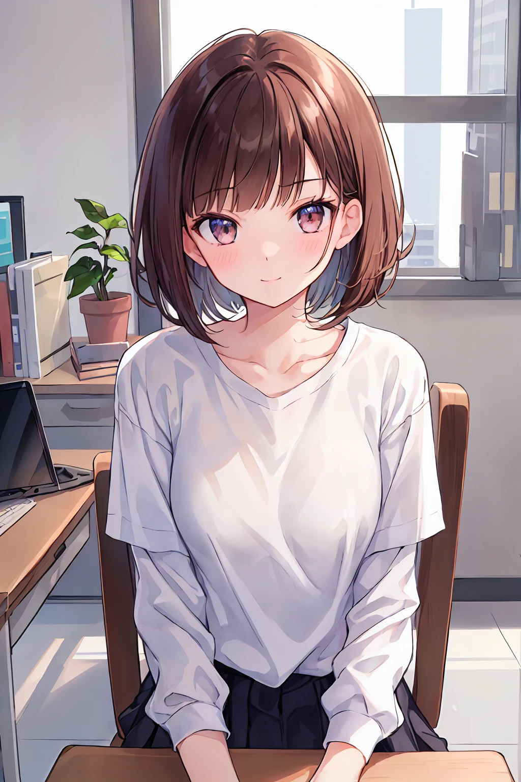 Frame In, Face and body from the front, View from the front, Upper Body, high quality, Very high resolution, high quality, Very high resolution, pretty girl, Brown Hair, amount, Blunt bangs, Bobcut, blush, Raked up bangs, (White man wearing a plain T-shirt), upright, Pleated skirt, Work Desk, Sit in a work chair, (((POV hand in the middle of a girl's chest))), smile, At the office,skyscraper,Flat chest