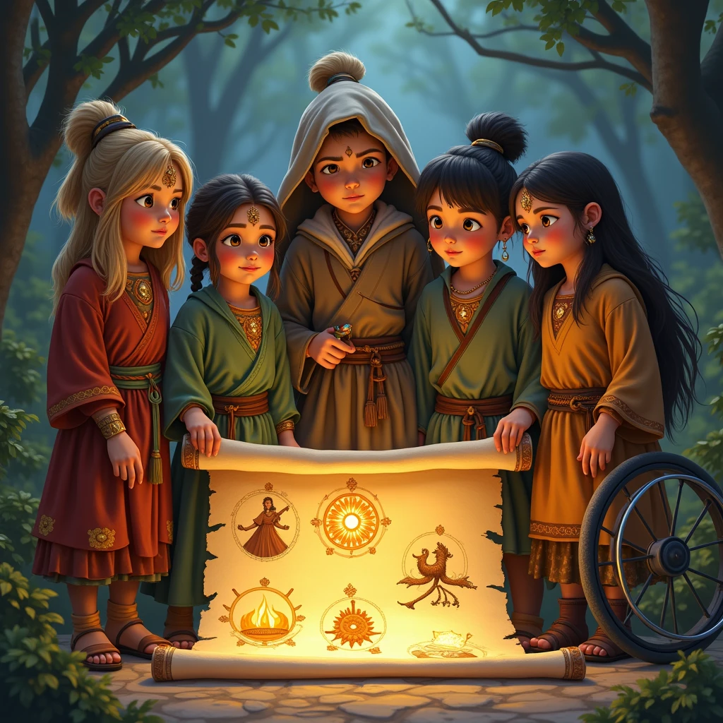 A group of 5 children (A spirited young girl from the Sunstone Tribe, A calm and wise boy from the Moonshadow Clan, A young girl from the Sky wind Nomads, who can communicate with animals, A young boy from the Earthbound Village, known for his strength and connection to the earth. A young girl with a physical disability from the Starflower Meadows, who uses her inventive mind and a magical wheelchair to navigate the world). 4 children stood with one young girl in a wheelchair, gathered around Elowen as she unrolled an ancient scroll, with illustrations of the four artifacts glowing on the parchment.