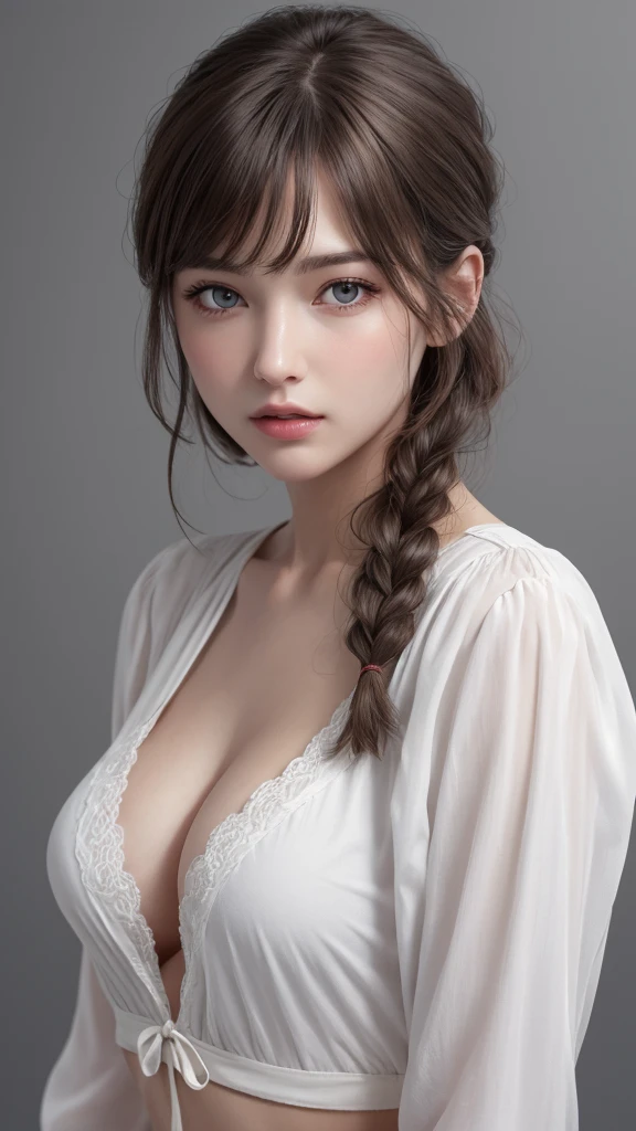 ((Medium chest, )), (smooth belly : 1.1), (perfectionなボディ : 1.1), (Very detailed CG 8k wallpaper), (Very sophisticated), (masterpiece), (Highest quality:1.0), (Ultra-realisticな全身像)、Delicate skin, Very detailed、(photograph:1.2)、(Realistic:1.3)、(masterpiece:1.3)、(Best image quality:1.4)、超High resolution、(Detailed eyes)、(Detailed facial features)、(Detailed clothing features)、8k resolution、Focus Only、26 year old mature woman、Small face、No makeup、Beautiful eyes with attention to detail、bangs、Blonde、Long Cut Hair, Braided hair、(Realistic Skin)、Beautiful Skin、Charm、超High resolution、Ultra-realistic、High resolution、Open white shirt,middle aged、Large Breasts、Bust F cup、Large Breasts、Cool Beauty、Gray background、Cinema Lighting、perfection、Soft Light、High resolutionスキン:1.2、Realistic Skin texture、26 year old、Small face、No makeup、Bust F cup、Beautiful brown eyes in every detail、short hair、Dark brown hair、Cool Beauty、Gray background、Exposed cleavage , lure