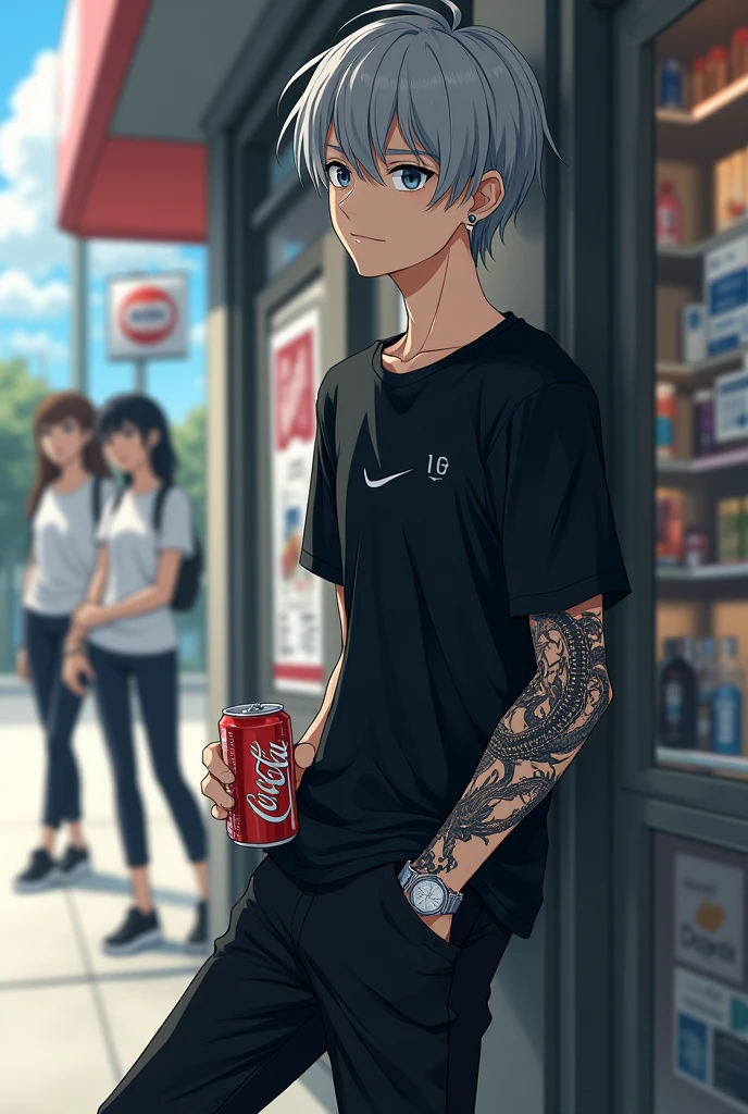 a boy,in anime style of the Seinen Genre.
His appearance is Gray Hair, grayish blue eyes and light beige skin color.
Wearing a Black Nike T-Shirt , Black Pants and Black Nike Sneakers.
He is wearing black earrings in his ear, wearing a small silver watch on his left arm.
He is leaning against a wall, outside convenience store.
And he's holding a can of soda .
He looks stoic.
He has a Dragon tattoo on his right arm..
Two girls in the background are admiring him from afar.