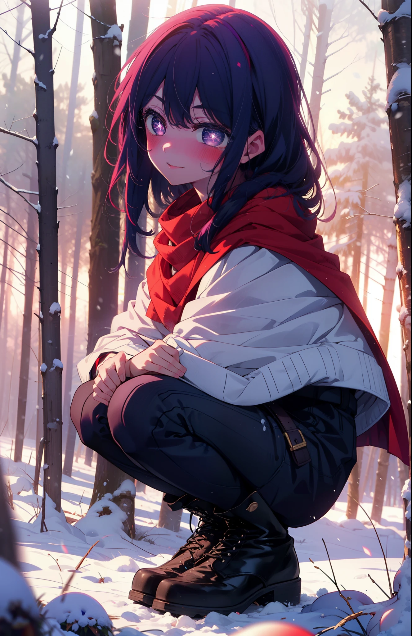aihoshino, Ai Hoshino, Long Hair, bangs, (Purple eyes:1.1), Purple Hair, (Symbol-shaped pupil:1.5), smile,,smile,blush,white breath,
Open your mouth,snow,Ground bonfire, Outdoor, boots, snowing, From the side, wood, suitcase, Cape, Blurred, , forest, White handbag, nature, Squat, Mouth closed, Cape, winter, Written boundary depth, Black shoes, red Cape break looking at viewer, Upper Body, whole body, break Outdoor, forest, nature, break (masterpiece:1.2), Highest quality, High resolution, unity 8k wallpaper, (shape:0.8), (Beautiful and beautiful eyes:1.6), Highly detailed face, Perfect lighting, Highly detailed CG, (Perfect hands, Perfect Anatomy),