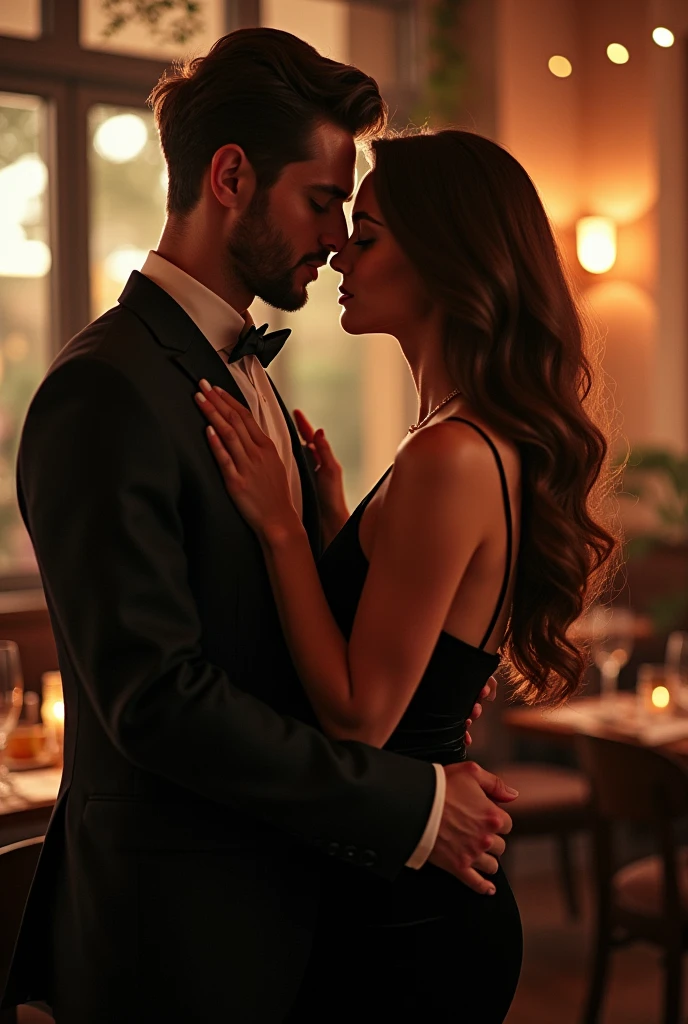 A man puts his arm on the shoulder of a stylish woman and brings his face close to her