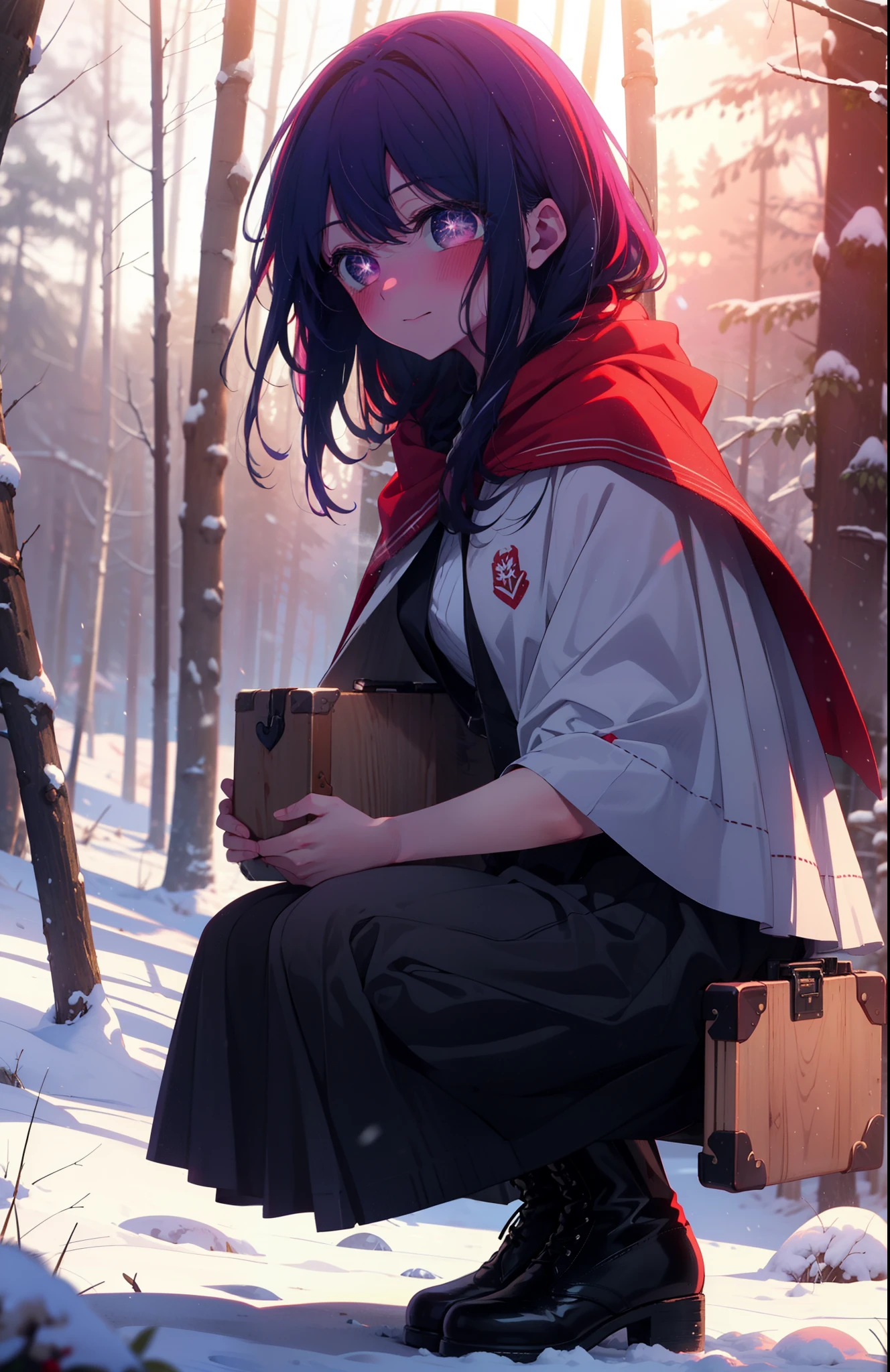 aihoshino, Ai Hoshino, Long Hair, bangs, (Purple eyes:1.1), Purple Hair, (Symbol-shaped pupil:1.5), smile,,smile,blush,white breath,
Open your mouth,snow,Ground bonfire, Outdoor, boots, snowing, From the side, wood, suitcase, Cape, Blurred, , forest, White handbag, nature,  Squat, Mouth closed, Cape, winter, Written boundary depth, Black shoes, red Cape break looking at viewer, Upper Body, whole body, break Outdoor, forest, nature, break (masterpiece:1.2), Highest quality, High resolution, unity 8k wallpaper, (shape:0.8), (Beautiful and beautiful eyes:1.6), Highly detailed face, Perfect lighting, Highly detailed CG, (Perfect hands, Perfect Anatomy),