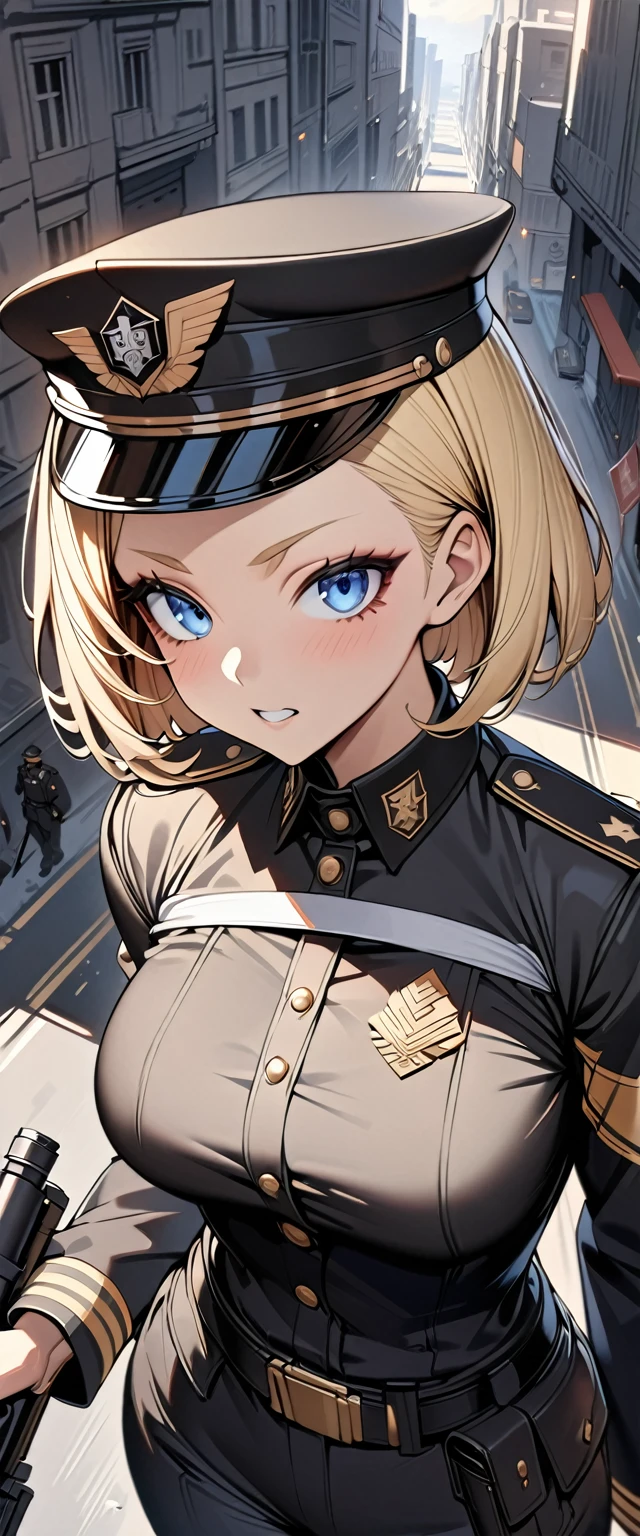 Bobcut　Blonde　forehead　soldier　Nazis　uniform　Officer　陸軍Officer　Black costume　Army Costume　Army Caps　Long sleeve　Long trousers　From above　((Loose-fitting clothing))　Holding a gun　Holding a sniper rifle　((Upper Body))　Big eyes　Blue eyes　Highest quality　Super detailed　detailed woman　High quality　8k　