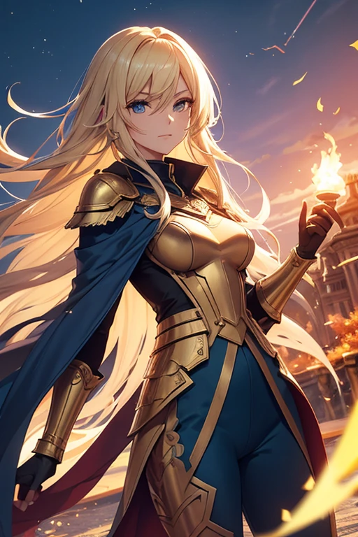 Create an image of a character in ornate golden armor with long flowing hair, standing confidently within an elaborate frame against a sky backdrop. The character is a 25-year-old woman with an anime style. She is wearing tight blue pants. The character is also wearing armored boots. The character has blonde hair and blue eyes. The background is an autumnal landscape. The character can have a dragon made of electricity. The image should be of high quality and the character should be holding a magical sword.