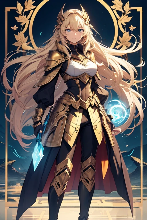 Create an image of a character in ornate golden armor with long flowing hair, standing confidently within an elaborate frame against a sky backdrop. The character is a 25-year-old woman with an anime style. She is wearing tight blue pants. The character is also wearing armored boots. The character has blonde hair and blue eyes. The background is an autumnal landscape. The character can have a dragon made of electricity. The image should be of high quality and the character should be holding a magical sword.