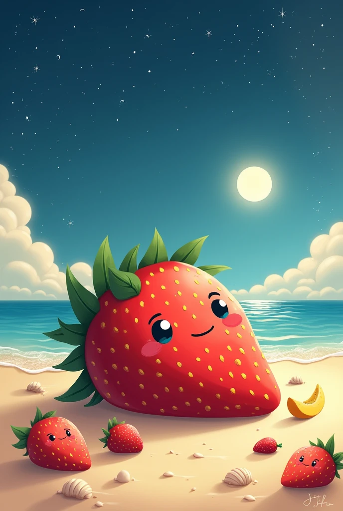A strawberry with a face lying on the beach with a jam failure next to it and some fruits and shells in the sand and stars, the sun in the sky that is noticeable a little