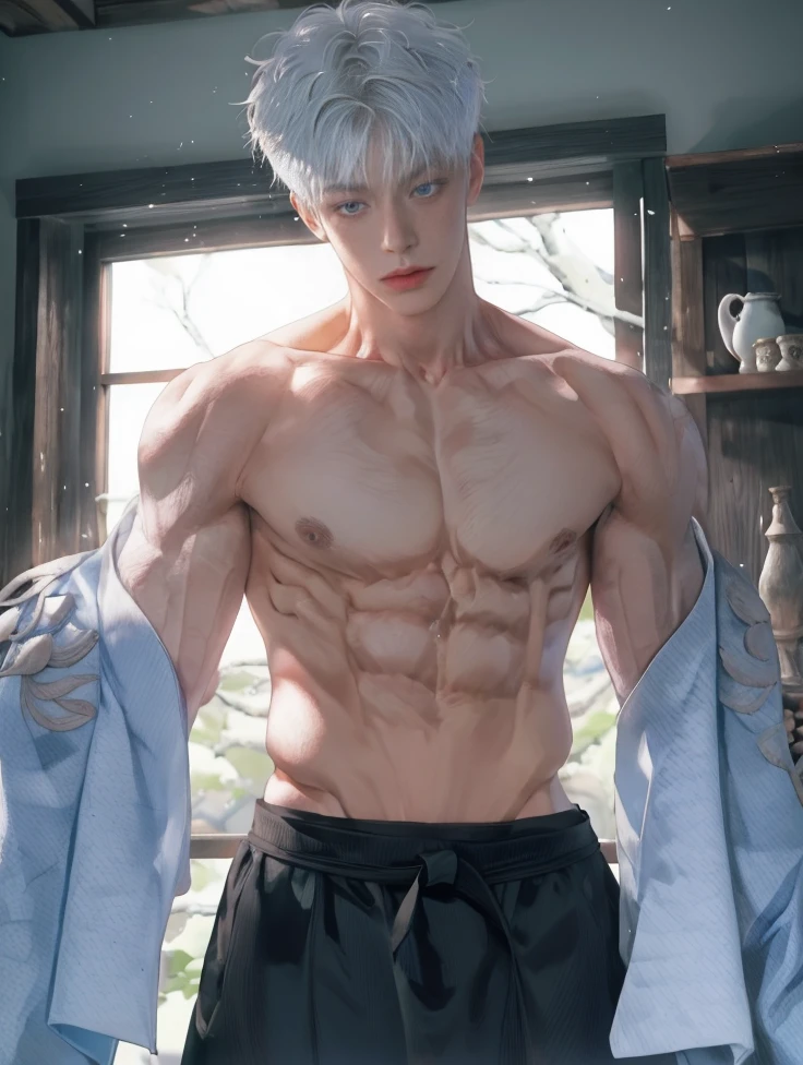 1 male, Japanese male model, high resolution 4k, adult, handsome, perfect face detail, detailed eyes and face, muscular, white eyebrow hair, white eyelashes, Naked torso, Detailed face, perfect face, real skin texture, detail Perfect hand, details, Real and complete hand details, unreal engine, hd picture, satoru gojo, Jujutsu kaisen, white hair, short hair ,hair between eyes ,blue eyes, white skin