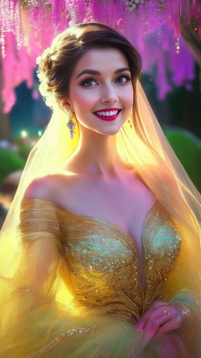 (a beautiful woman in a stunning gown of flowing silk with a radiant smile and captivating eyes),vibrant colors,highres,ultra-detailed,sharp focus,soft lighting,realistic,fantasy-inspired,portraits,subtle color palette,ethereal glow,fairytale,graceful,pastel shades,enchanted garden,lovely flowers,twinkling lights,whimsical ambiance