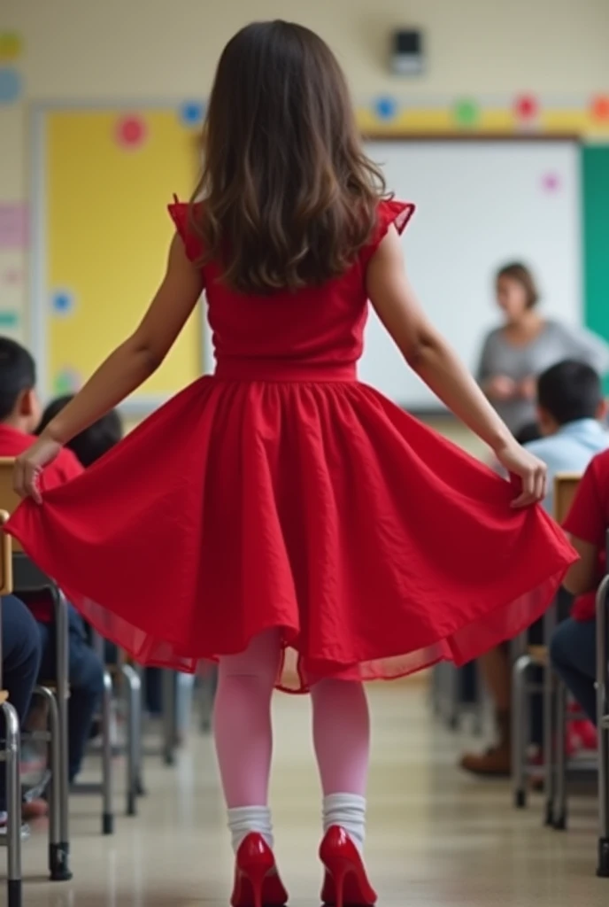 Maestra y alumna de 6 años con vestido rojo levantan su falda and show her pink panties , white socks and red high heels. in classroom.