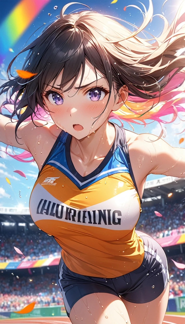 (Sports magazine cover photo), Highest quality, Great quality, 16K, Unbelievably absurd, Very detailed, delicate and dynamic, Natural light, The particles reflect light, Diffuse reflection of light, Many rainbow-colored petals fall, Beautiful truck studium, Sparkling Sun, Diffuse reflection of light, Create amazing image effects, , Wet, sweating, high jump competition, Close-up(Cute sexy girl, big bouncing busts, Sensual expression, Cool girl, Serious, passion, Dynamic, Flashy track and field uniform, audience , much-air-laden cheer)