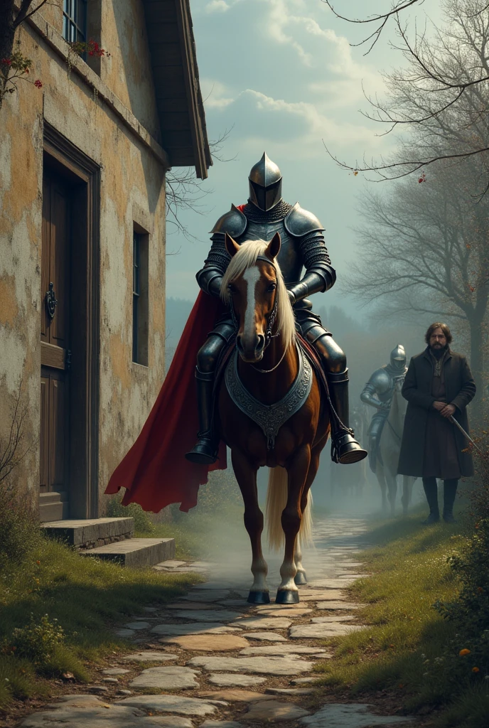 The knight gets off his horse and approaches the house. He is now in a calmer posture, but still carries an aura of threat. The narrator observes closely, with an expression of growing concern.
  The knight keeps his armor and weapons, but his stance is less aggressive. The narrator is near the entrance of the house, trying to hide his nervousness as he watches the knight approach.