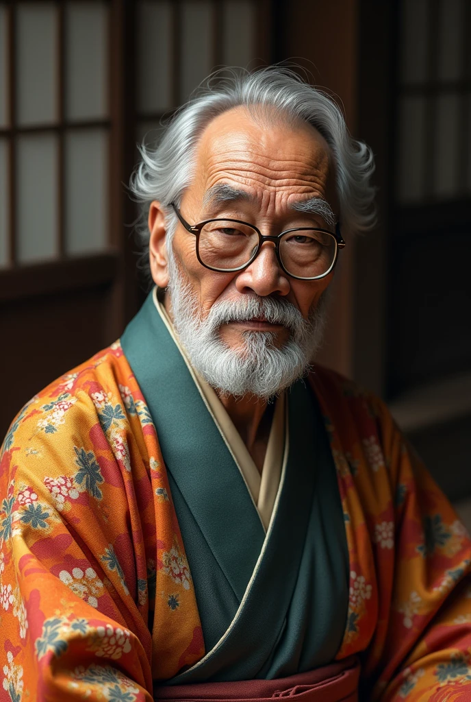 He is a cool old man wearing glasses.。I am wearing a kimono