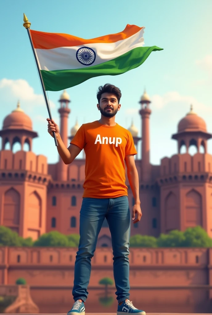 A real 25 years old boy, Wearing Orange T shirt blue jeans sneakers and the name “Anup” is written on his t-shirt and the boy is standing on the road with holding a national flag of India, and behind him is the Red Fort Delhi. And written on sky “Independence Day” Create Realistic image high quality