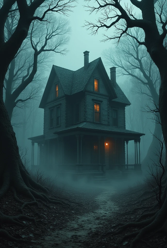 A dark forest with a scary house