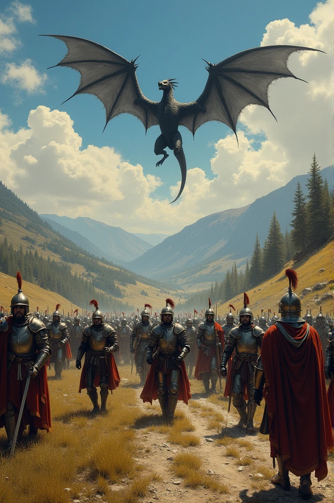 Make a painting of a medieval army marching and far away in the sky a black dragon flying